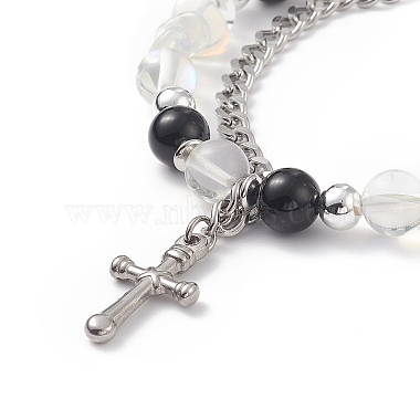 Natural & Synthetic Mixed Stone Beaded Bracelet with Cross Charm(BJEW-TA00184-02)-2