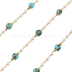 Handmade Brass Glass Beaded Chains, Round, with Round ABS Imitation Pearl Beads, Soldered, Turquoise, with Spool, Golden, 2.5~4.5mm(GL-CBA1C06-09G)