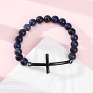 Round Natural Sodalite Bead Stretch Bracelets, Stainless Steel Cross Link Bracelets for Women Men, with Synthetic Hematite, Inner Diameter: 2-1/8 inch(5.5cm)(BJEW-F493-08EB-02)