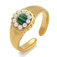 Round Synthetic Malachite Finger Rings, 304 Stainless Steel Wide Open Cuff Ring for Unisex, with ABS Plastic Imitation Pearl Beads, Golden, Adjustable, 9.5mm(RJEW-U015-03G)