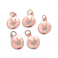 Brass Micro Pave Cubic Zirconia ASL Charms, Long-Lasting Plated, with Jump Rings, Flat Round with Gesture I Love You, Clear, Rose Gold, 15x10.5x1.5mm, Hole: 3.5mm(X-KK-G360-11RG)