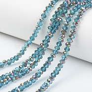 Electroplate Transparent Glass Beads Strands, Half Rose Gold Plated, Faceted, Rondelle, Dark Turquoise, 3x2mm, Hole: 0.8mm, about 150~155pcs/strand, 15~16 inch(38~40cm)(EGLA-A034-T2mm-R09)