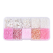 DIY 10 Style ABS & Acrylic Beads Jewelry Making Finding Kit, Heart & Barrel & Round & Flat Round & Imitation Pearl, Pearl Pink, 7~18.5x7.5x2~10.5x1.5~5mm, Hole: 0.7~1.2mm(DIY-N0012-05A)