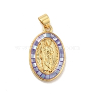 Brass Charms, with Shell, Cadmium Free & Lead Free, Long-Lasting Plated, Oval with Virgin Mary, Real 18K Gold Plated, Mauve, 22.5x14x3.5mm, Hole: 3.5x3mm(KK-B059-49G-B)