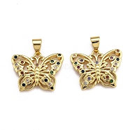 Brass Micro Pave Clear Cubic Zirconia Pendants, Long-Lasting Plated, Butterfly, Real 18K Gold Plated, 14.5x18.5x1.5mm, Hole: 2.5x3.5mm(ZIRC-J025-02G)