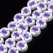 Handmade Polymer Clay Bead Strands, Halloween Style, Flat Round with Spider, Blue Violet, 9~10x4.5mm, Hole: 1.4mm, about 38pcs/strand, 14.17 inch(36cm)(X-CLAY-S096-037)