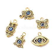 Alloy Pendants, with Resin Beads, Butterfly/Owl/Turtle/Elephant with Evil Eye, Golden, 14~24x11~21x4mm, Hole: 3mm(PALLOY-JF01942)