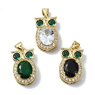 Rack Plating Real 18K Gold Plated Brass Micro Pave Cubic Zirconia Pendants, with Glass, Long-Lasting Plated, Lead Free & Cadmium Free, Owl, Mixed Color, 20x12x6.5mm, Hole: 4x3.5mm(KK-B084-05G)