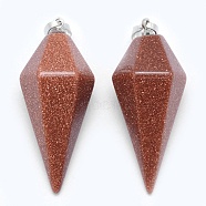 Synthetic Goldstone Pointed Pendants, with Brass Findings, Bullet, Platinum, 38.5x16x14.5mm, Hole: 5x8mm(KK-E757-F-01P)