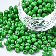 6/0 Glass Seed Beads, Baking Paint, Round Hole, Round, Green, 4~5x3~5mm, Hole: 1.2~1.5mm, about 4500pcs/Pound(SEED-S058-A-F277)