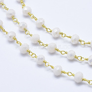 3.28 Feet Handmade Glass Beaded Chains, Unwelded, with Brass Findings, Rondelle, Floral White, Golden, 13x6mm(X-CHC-P005-11G)
