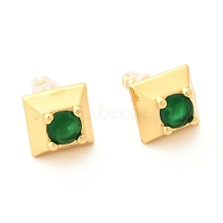 Brass Micro Pave Cubic Zirconia Stud Earrings, with Plastic Ear Nuts, Long-Lasting Plated, Real 18K Gold Plated, Square, Green, 9x9x5mm, Pin: 0.6mm(EJEW-F273-14A-G)
