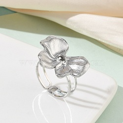 304 Stainless Steel Open Cuff Rings for Women, Flower, Stainless Steel Color, 20x24mm, US Size 7 1/4(17.5mm)(RJEW-K320-01P)