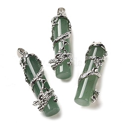Natural Green Aventurine Pendants, Dragon Wrapped Column Charms, with Iron Snap on Bails, Platinum, 44~45x13mm, Hole: 8.5x4mm(G-K354-07P)