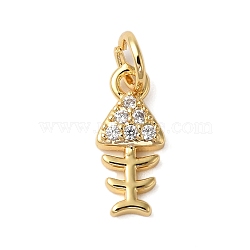 Rack Plating Brass Micro Pave Cubic Zirconia Charms, Cadmium Free & Lead Free, Long-Lasting Plated, Fish Bone, Real 18K Gold Plated, 13x5.5x2.5mm, Hole: 3mm(KK-P279-08G)