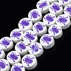 Handmade Polymer Clay Bead Strands, Halloween Style, Flat Round with Spider, Blue Violet, 9~10x4.5mm, Hole: 1.4mm, about 38pcs/strand, 14.17 inch(36cm)(X-CLAY-S096-037)