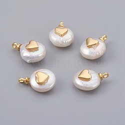 Natural Cultured Freshwater Pearl Pendants, with Brass Findings, Long-Lasting Plated, Heart, Real 18K Gold Plated, 14~21x9~16x5~9mm, Hole: 1.5mm(PEAR-F008-13G)