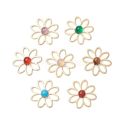 Natural Rose Quartz/Red Jasper/Tiger Eye/Amethyst/Carnelian/Agate/Synthetic Turquoise Pendants, 304 Stainless Steel Hollow Flower Charms, Golden, Mixed Dyed and Undyed, 15.5x15.5x3.5mm, Hole: 5x2mm(PALLOY-JF03467)
