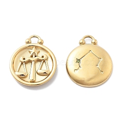 PVD Vacuum Plating 304 Stainless Steel Rhinestone Pendants, Flat Round with Constellations Charm, Real 18K Gold Plated, Libra, 20.5x16.5x3.5mm, Hole: 2.5mm(STAS-R130-01G-04)