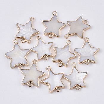 Freshwater Shell Links connectors, with Edge Golden Plated Iron Loops, Star, Seashell Color, 22~23x18~19x3mm, Hole: 1.8mm
