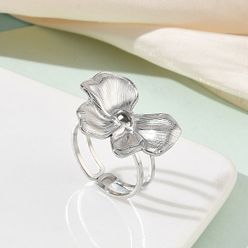 304 Stainless Steel Open Cuff Rings for Women, Flower, Stainless Steel Color, 20x24mm, US Size 7 1/4(17.5mm)