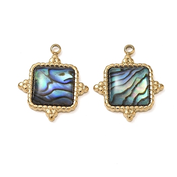 Natural Paua Shell Pendants, Square Charm, with 304 Stainless Steel Findings, Ion Plating(IP), Long-Lasting Plated, 21.5x18.5x4.5mm, Hole: 1.6mm