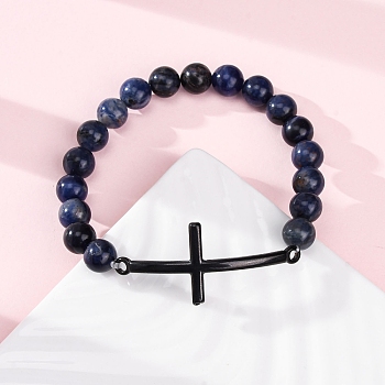 Round Natural Sodalite Bead Stretch Bracelets, Stainless Steel Cross Link Bracelets for Women Men, with Synthetic Hematite, Inner Diameter: 2-1/8 inch(5.5cm)