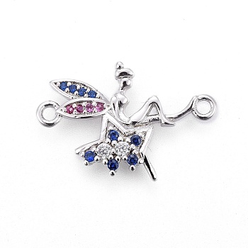 Brass Micro Pave Cubic Zirconia Links, Fairy, Colorful, Platinum, 13.5x20.5x3mm, Hole: 1.4mm