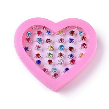 Acrylic Rings for Kids, with Rhinestone, Mixed Shapes, Mixed Color, US Size 4 1/4(15mm), 36pcs/box.