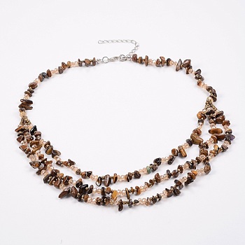 Natural Tiger Eye and Glass Seed Beads Tiered Necklaces, Layered Necklaces, with Brass Findings, 18.8 inch(48cm)