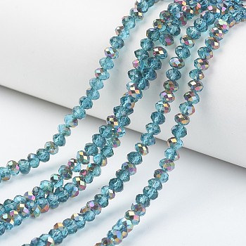 Electroplate Transparent Glass Beads Strands, Half Rose Gold Plated, Faceted, Rondelle, Dark Turquoise, 3x2mm, Hole: 0.8mm, about 150~155pcs/strand, 15~16 inch(38~40cm)
