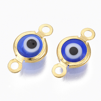 Handmade Evil Eye Lampwork Links connectors, with 304 Stainless Steel Findings, Flat Round, Golden, Blue, 12.5x7x2.5mm, Hole: 1.5mm