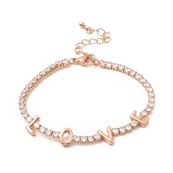 Cubic Zirconia Chain Bracelet, Word Love Rack Plating Brass Jewelry with Chain Extender & Lobster Claw Clasps for Women, Lead Free & Cadmium Free, Long-Lasting Plated, Rose Gold, 7-1/4 inch(18.5cm)
