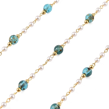 Handmade Brass Glass Beaded Chains, Round, with Round ABS Imitation Pearl Beads, Soldered, Turquoise, with Spool, Golden, 2.5~4.5mm