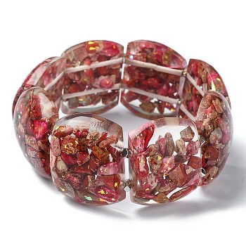 Dyed Natural Imperial Jasper & Synthetic Opal Stretch Bracelets, Epoxy Resin Domino Bracelets for Women, Cerise, Inner Diameter: 2-3/8 inch(6.1cm)