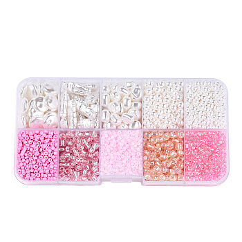 DIY 10 Style ABS & Acrylic Beads Jewelry Making Finding Kit, Heart & Barrel & Round & Flat Round & Imitation Pearl, Pearl Pink, 7~18.5x7.5x2~10.5x1.5~5mm, Hole: 0.7~1.2mm