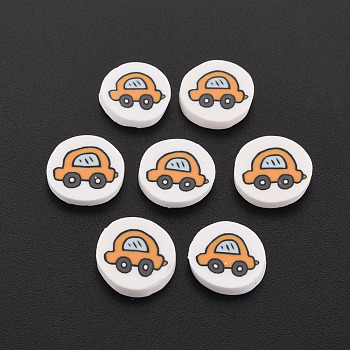 Handmade Polymer Clay Cabochons, Flat Round with Car, White, 9~10.5x2mm, about 5000pcs/1000g