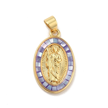 Brass Charms, with Shell, Cadmium Free & Lead Free, Long-Lasting Plated, Oval with Virgin Mary, Real 18K Gold Plated, Mauve, 22.5x14x3.5mm, Hole: 3.5x3mm