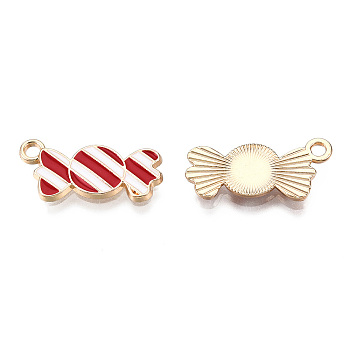Light Gold Plated Alloy Pendants, with Enamel, Candy, Red, 21x10x2mm, Hole: 2mm
