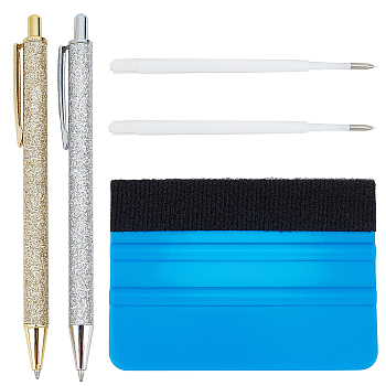 Gorgecraft 5Pcs 3 Styles Gold Powder Press Ballpoint Pen, with Exhaust Pen Refill & PP Plastic Squeegee, Mixed Color, Ballpoint Pen: 1pc/color, 2color, 2pcs