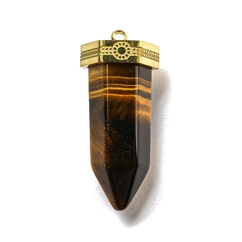Natural Tiger Eye Pointed Pendants, Faceted Bullet Charms with Golden Plated 304 Stainless Steel Findings, 26~26.5x11.5x10mm, Hole: 1.4mm