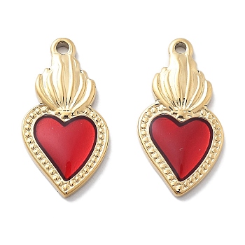 PVD Vacuum Plating 304 Stainless Steel Pendants, with Enamel, Sacred Heart Charm, Real 18K Gold Plated, Red, 22x11.5x2.5mm, Hole: 1.5mm