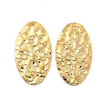 201 Stainless Steel Pendants, Textured, Oval Charm, Real 24K Gold Plated, 27x15x1mm, Hole: 1.2mm
