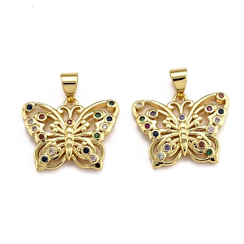 Brass Micro Pave Clear Cubic Zirconia Pendants, Long-Lasting Plated, Butterfly, Real 18K Gold Plated, 14.5x18.5x1.5mm, Hole: 2.5x3.5mm