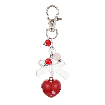 Brass Heart Bell Pendant Decorations, with Acrylic Bead and Alloy Swivel Lobster Claw Clasps, Platinum, 91mm