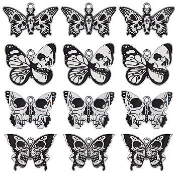 20Pcs 4 Style Halloween Alloy Enamel Pendants, Butterfly with Skull Charm, Platinum, Mixed Color, 19~23x27.5~30x1mm, Hole: 1.8~2mm, 5pcs/style