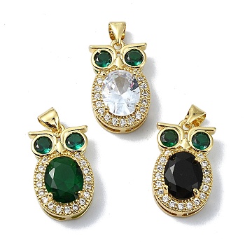 Rack Plating Real 18K Gold Plated Brass Micro Pave Cubic Zirconia Pendants, with Glass, Long-Lasting Plated, Lead Free & Cadmium Free, Owl, Mixed Color, 20x12x6.5mm, Hole: 4x3.5mm