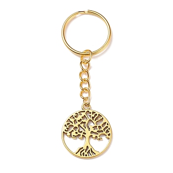 Tibetan Style Alloy Pendant Keychain, with Iron & 304 Stainless Steel Findings, Ring with Tree of Life, Golden, 7.9cm