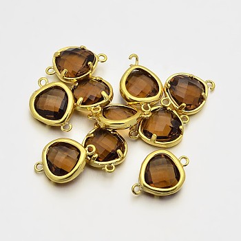 Golden Plated Brass Glass Links connectors, Faceted Triangle, Sienna, 15x10x5mm, Hole: 1mm