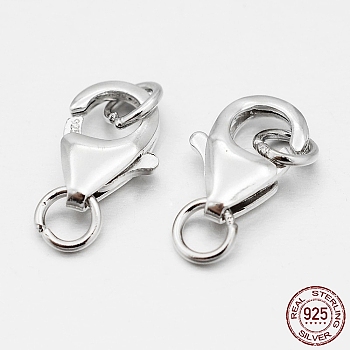 Rhodium Plated 925 Sterling Silver Lobster Claw Clasps, Platinum, 11x7x3mm, Hole: 3mm